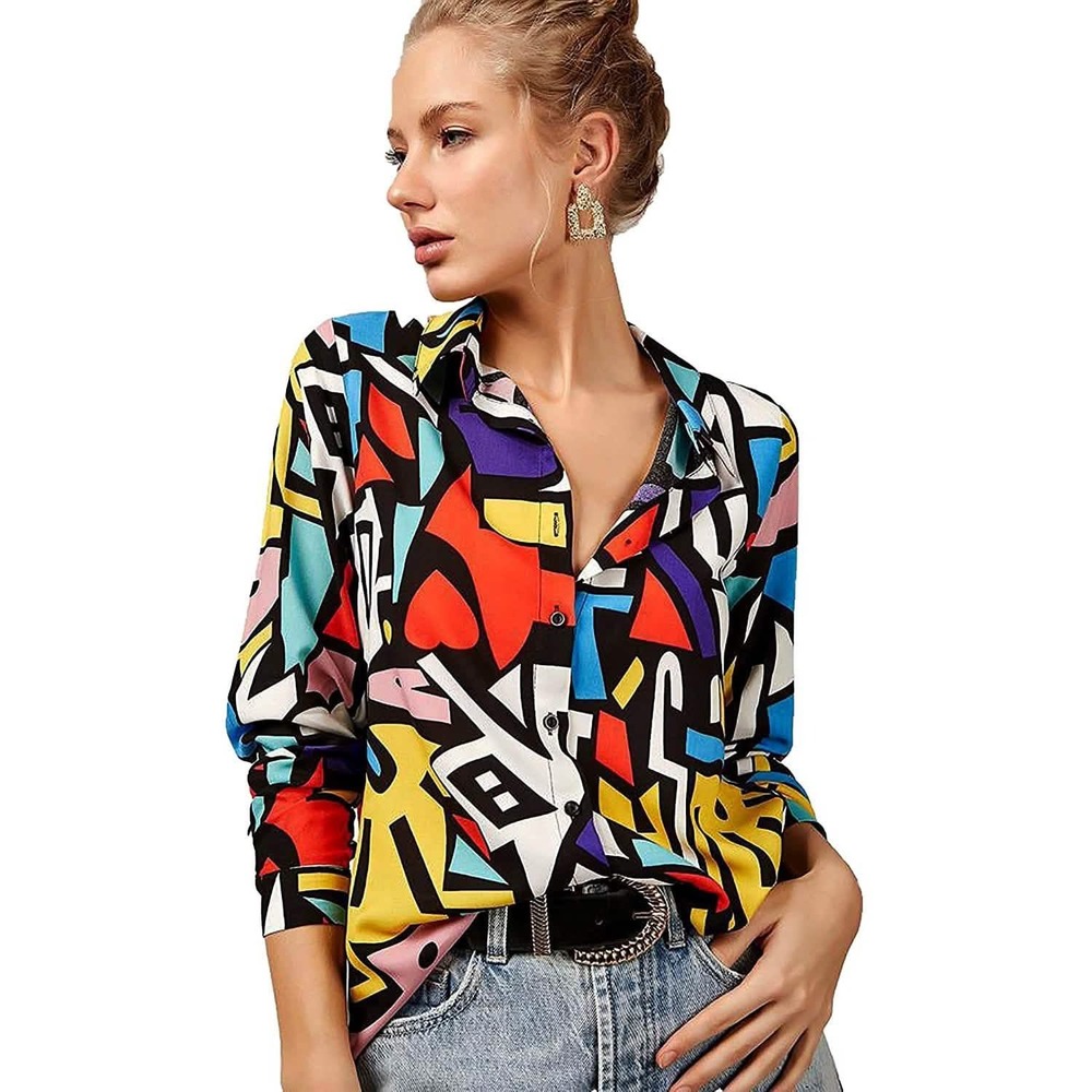 Big Dart Abstract Geometric Heart Print Button Down Shirt Viscose Multicolor L